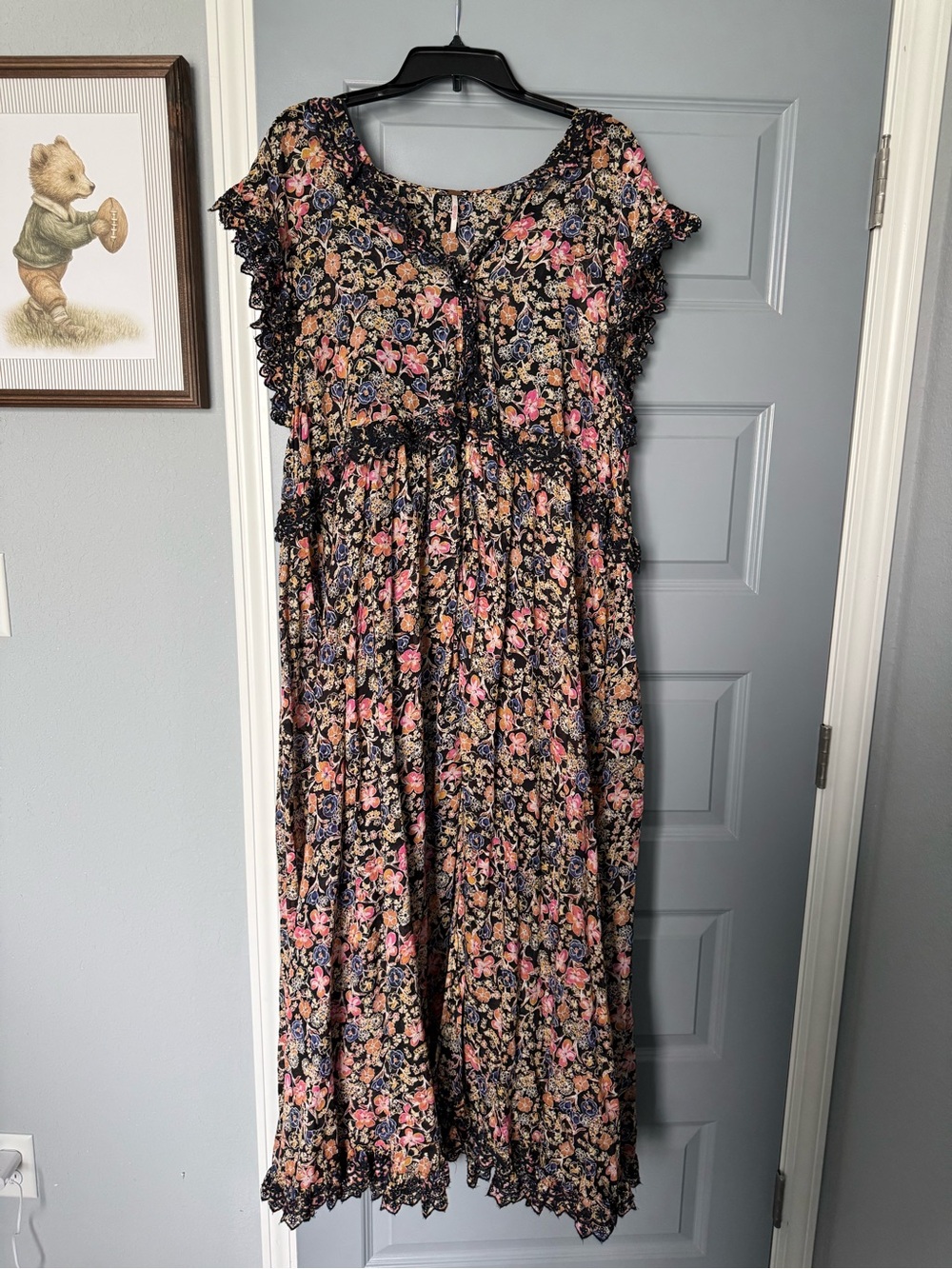 Free People Black Floral Maxi Dress with Pink & Peach Accents